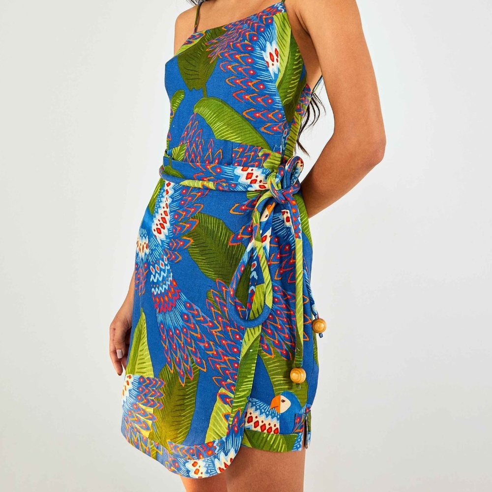 NEW FARM Rio Macaw linen mini dress